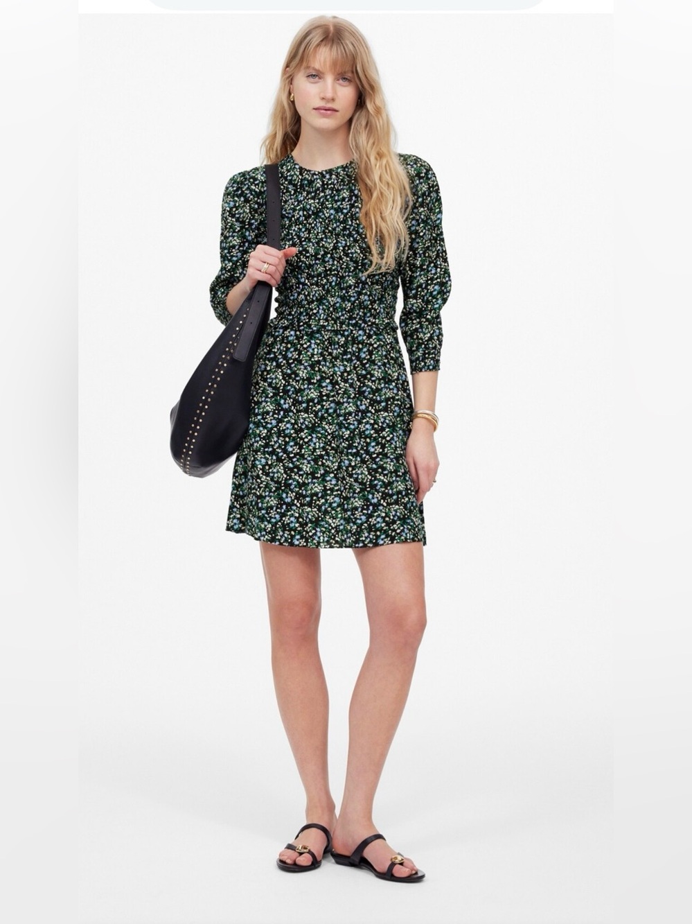 Madewell NWOT Floral Puff-Sleeve Mini Dress in Black-Green